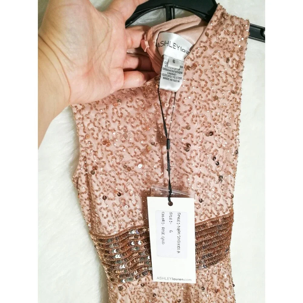 2019 Ashley Lauren rose gold dress Blush Pink Sequin Fit & Flare Party Dress 6